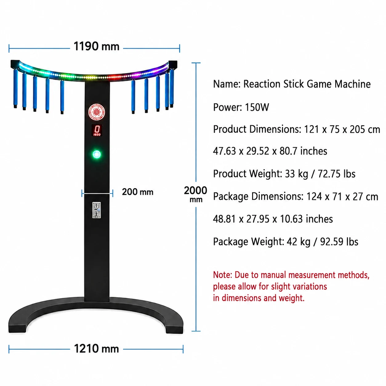 Dimensions, weight and power of the BATAK Catch the Stick reflex machine