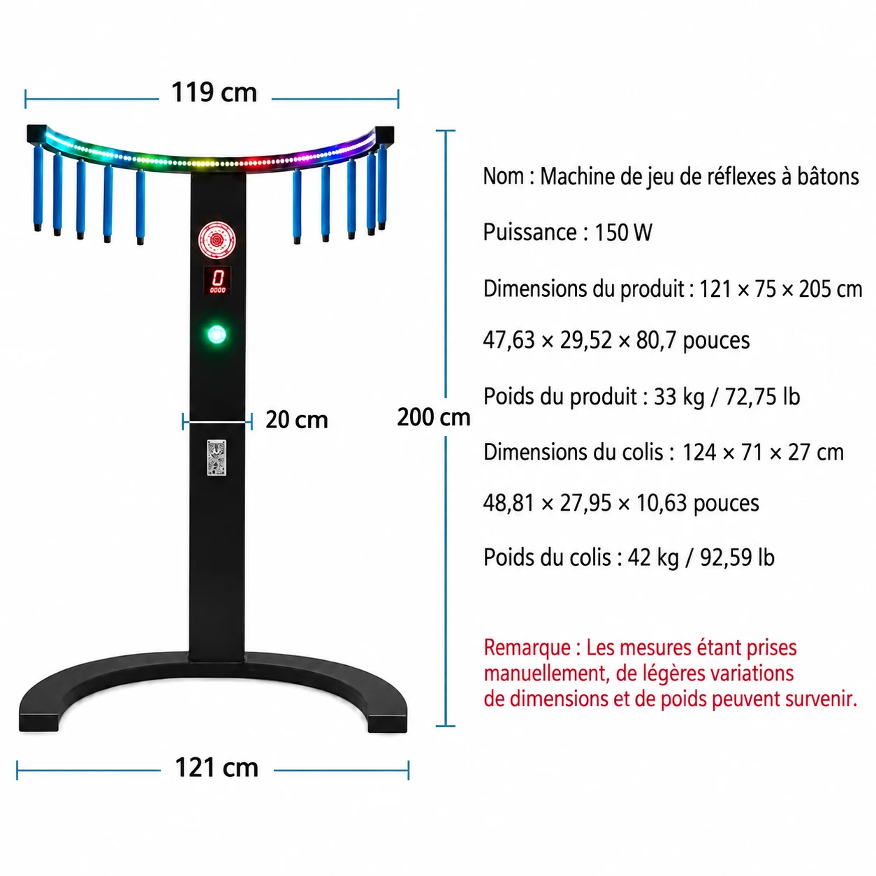 Dimensions, poids et puissance de la machine de réflexes BATAK Catch the Stick